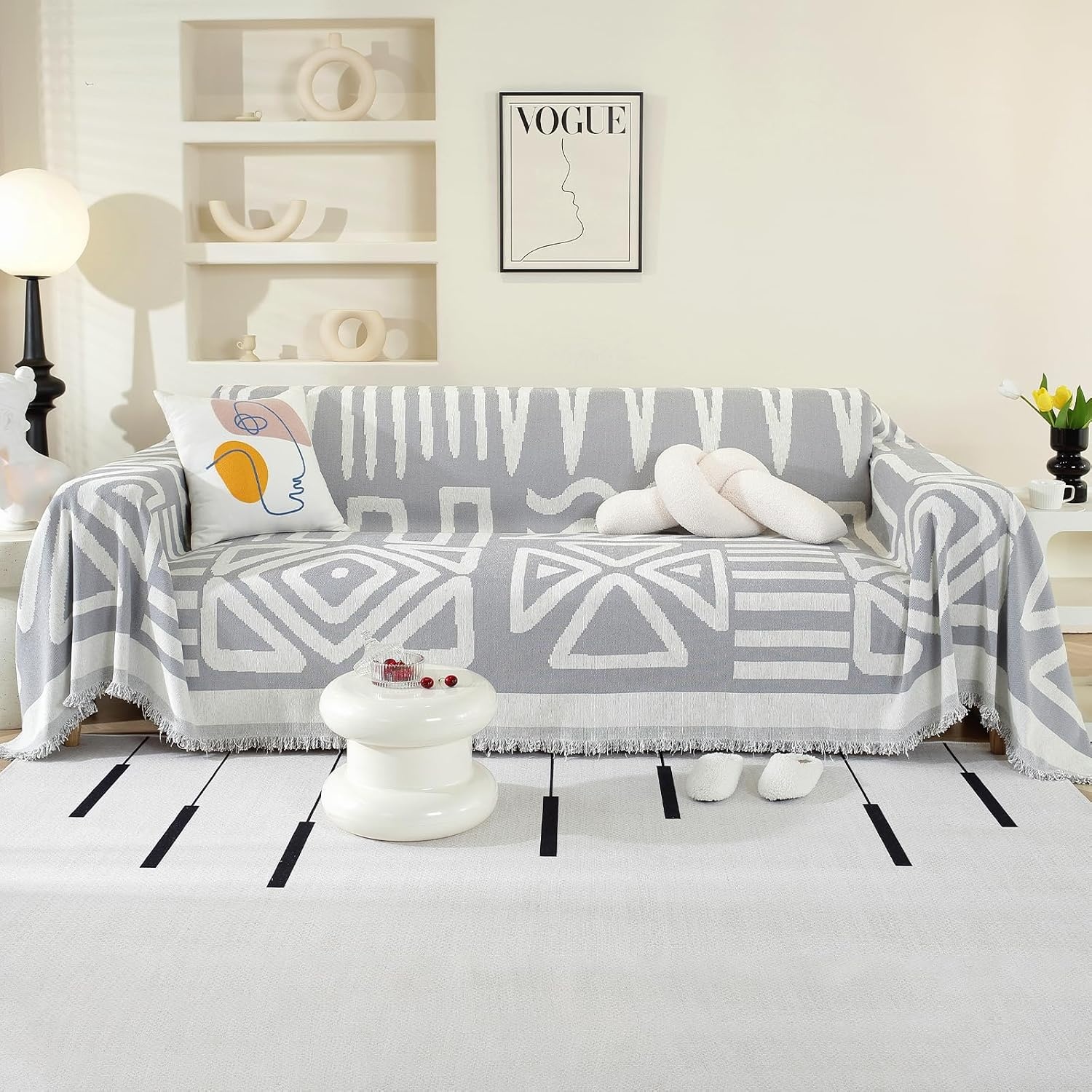 OstepDecor Bankovertrek Bohu chenille, bankovertrek, 1/2/3/4-zits, krasbestendig, voor hond en kat, antislip, babyvriendelijk, bankovertrek, boho-grijs, 180 x 340 cm