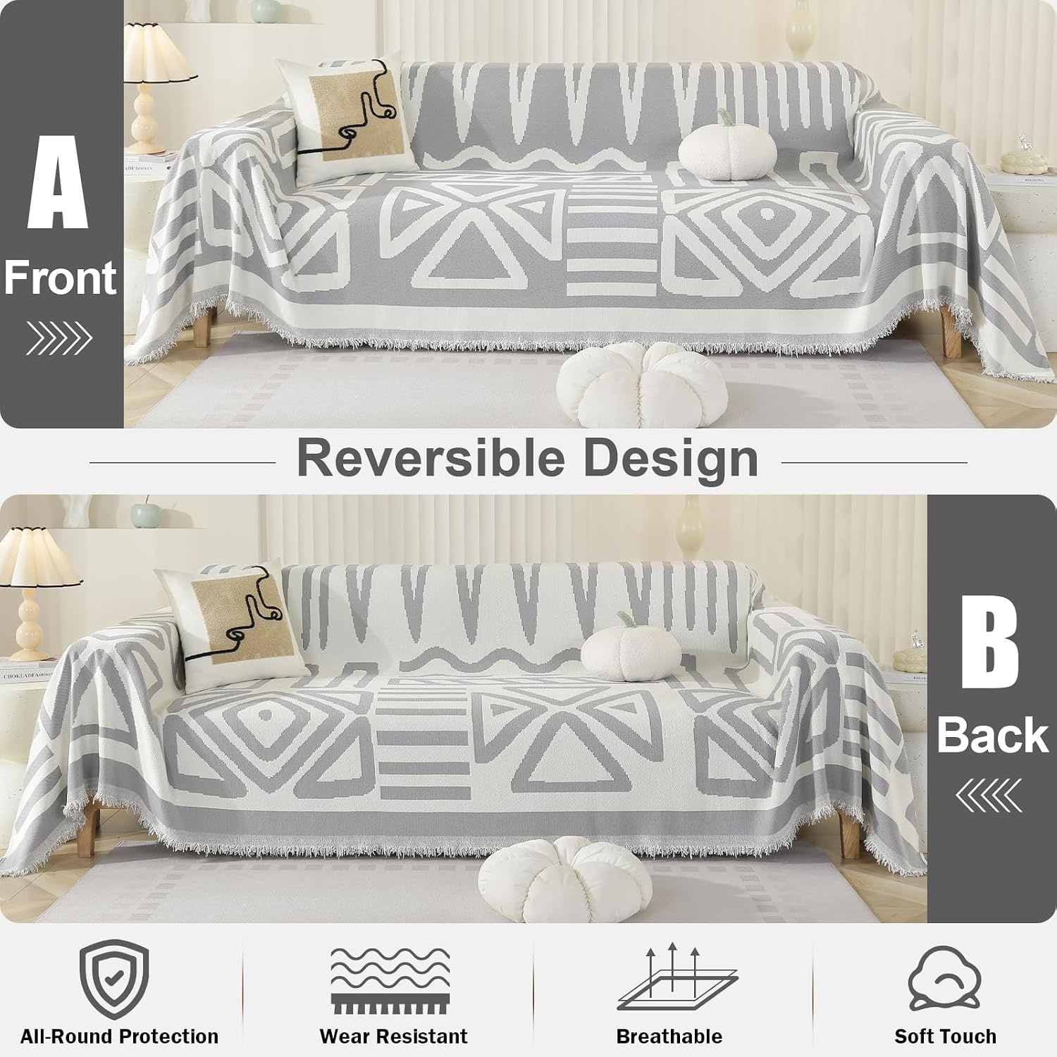 OstepDecor Bankovertrek Bohu chenille, bankovertrek, 1/2/3/4-zits, krasbestendig, voor hond en kat, antislip, babyvriendelijk, bankovertrek, boho-grijs, 180 x 340 cm