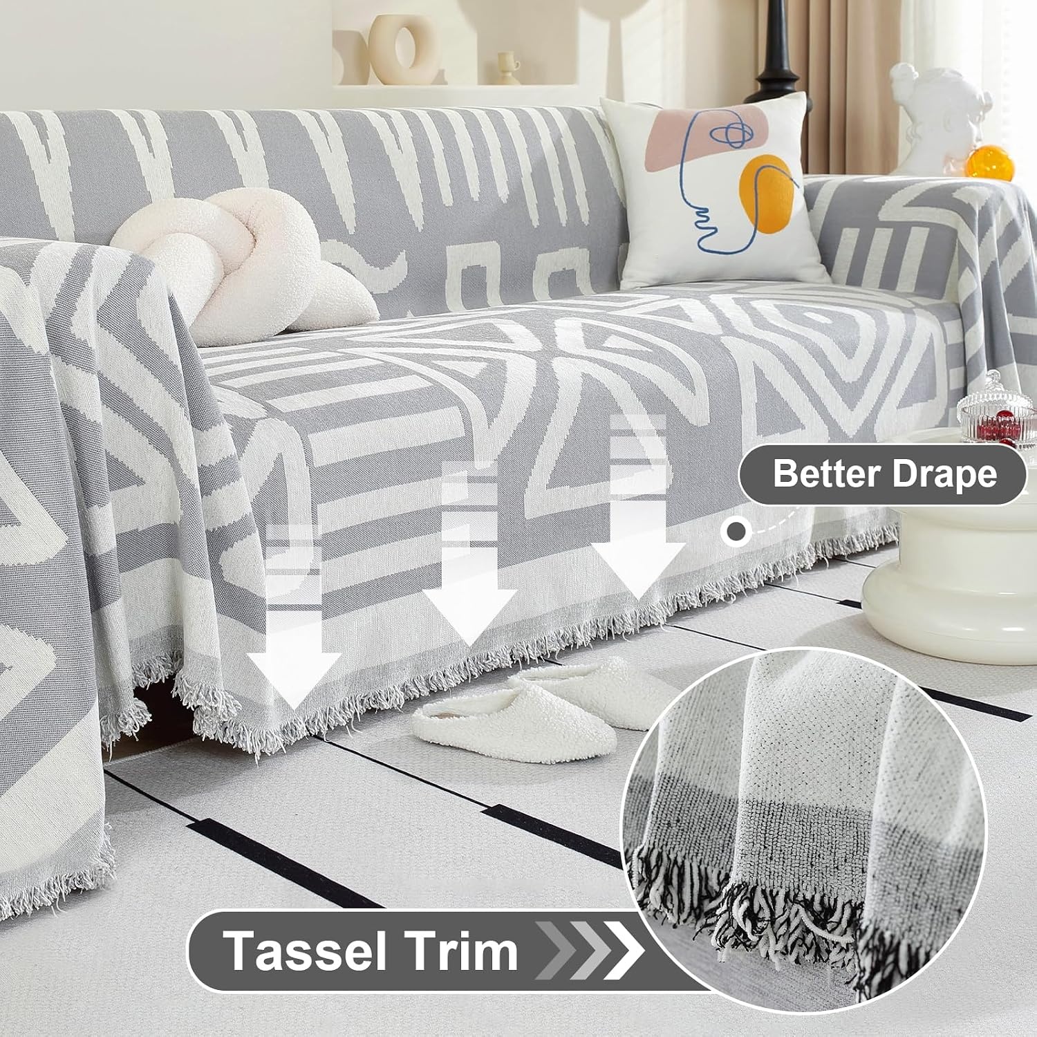 OstepDecor Bankovertrek Bohu chenille, bankovertrek, 1/2/3/4-zits, krasbestendig, voor hond en kat, antislip, babyvriendelijk, bankovertrek, boho-grijs, 180 x 340 cm