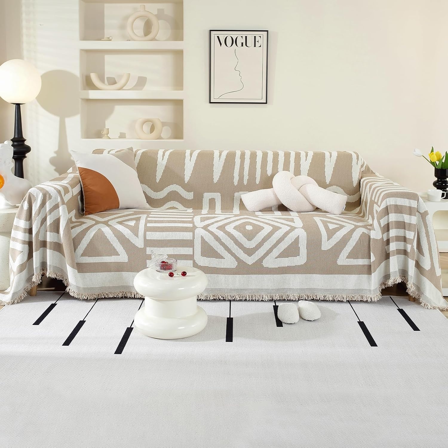 OstepDecor Bankovertrek Bohu chenille, bankovertrek, 1/2/3/4-zits, krasbestendig, voor hond en kat, antislip, babyvriendelijk, bankovertrek, boho-grijs, 180 x 340 cm