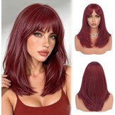 Sofeiyan Lang Glad Haarstuk met Pony, 40 cm Donkerrood Bourgondi Pruik met Laagjeseffect, Pruiken van Natuurlijk Kunsthaar voor Vrouwen, Geschikt voor Dagelijks, Feestjes en Cosplay - Maat 40 cm