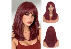 Lang Donkerrood Haar met Pony - 40 cm Pruik Synthetisch Haar met Korting!