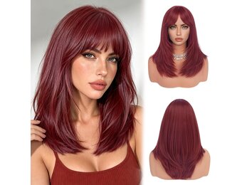 Sofeiyan Lang Glad Haarstuk met Pony, 40 cm Donkerrood Bourgondi Pruik met Laagjeseffect, Pruiken van Natuurlijk Kunsthaar voor Vrouwen, Geschikt voor Dagelijks, Feestjes en Cosplay - Maat 40 cm