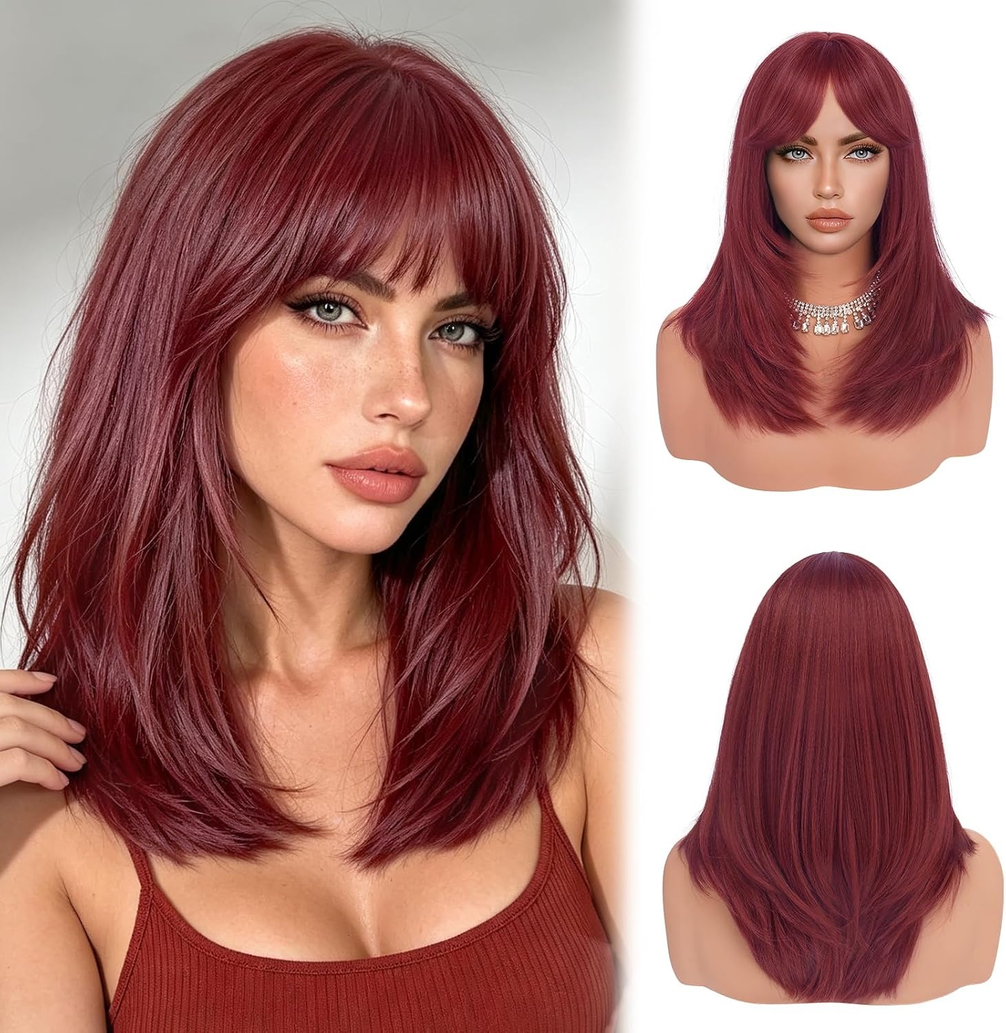 Sofeiyan Lang Glad Haarstuk met Pony, 40 cm Donkerrood Bourgondi Pruik met Laagjeseffect, Pruiken van Natuurlijk Kunsthaar voor Vrouwen, Geschikt voor Dagelijks, Feestjes en Cosplay - Maat 40 cm