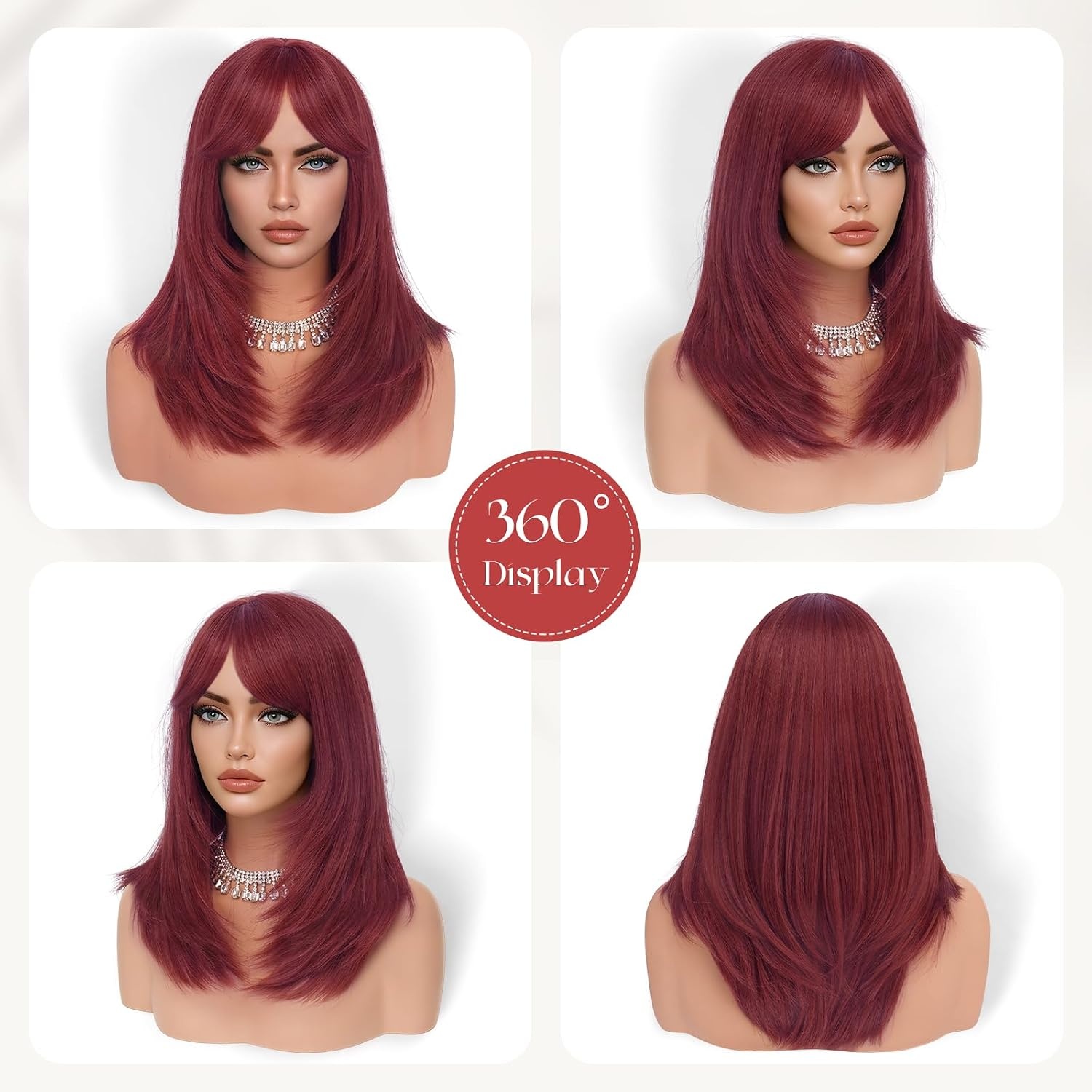 Sofeiyan Lang Glad Haarstuk met Pony, 40 cm Donkerrood Bourgondi Pruik met Laagjeseffect, Pruiken van Natuurlijk Kunsthaar voor Vrouwen, Geschikt voor Dagelijks, Feestjes en Cosplay - Maat 40 cm