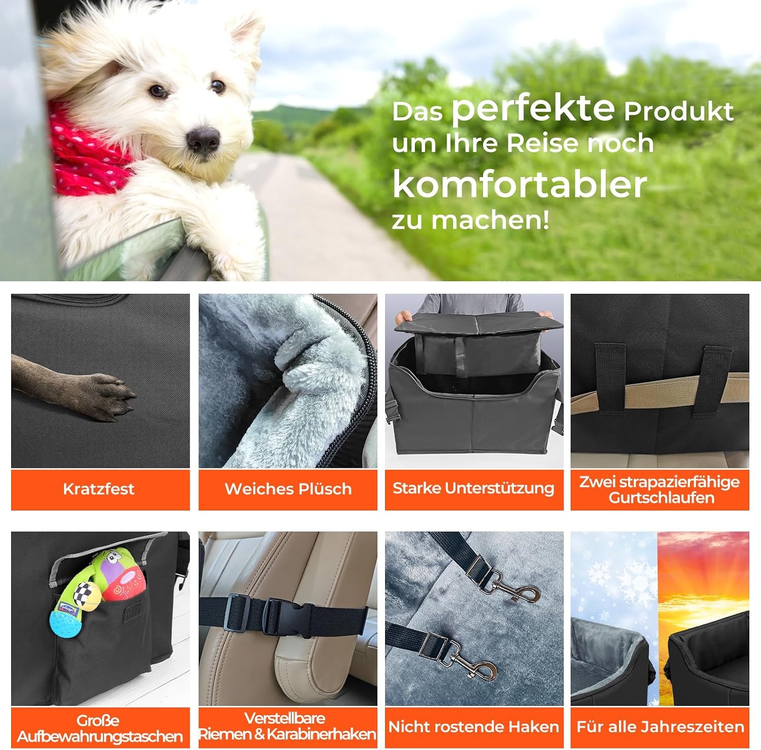 Babenest Autostoel voor honden, zeer stabiel, met veiligheidsgordel voor honden, opvouwbaar, wasbaar en grote capaciteit, voor voor- en achterbank (L)