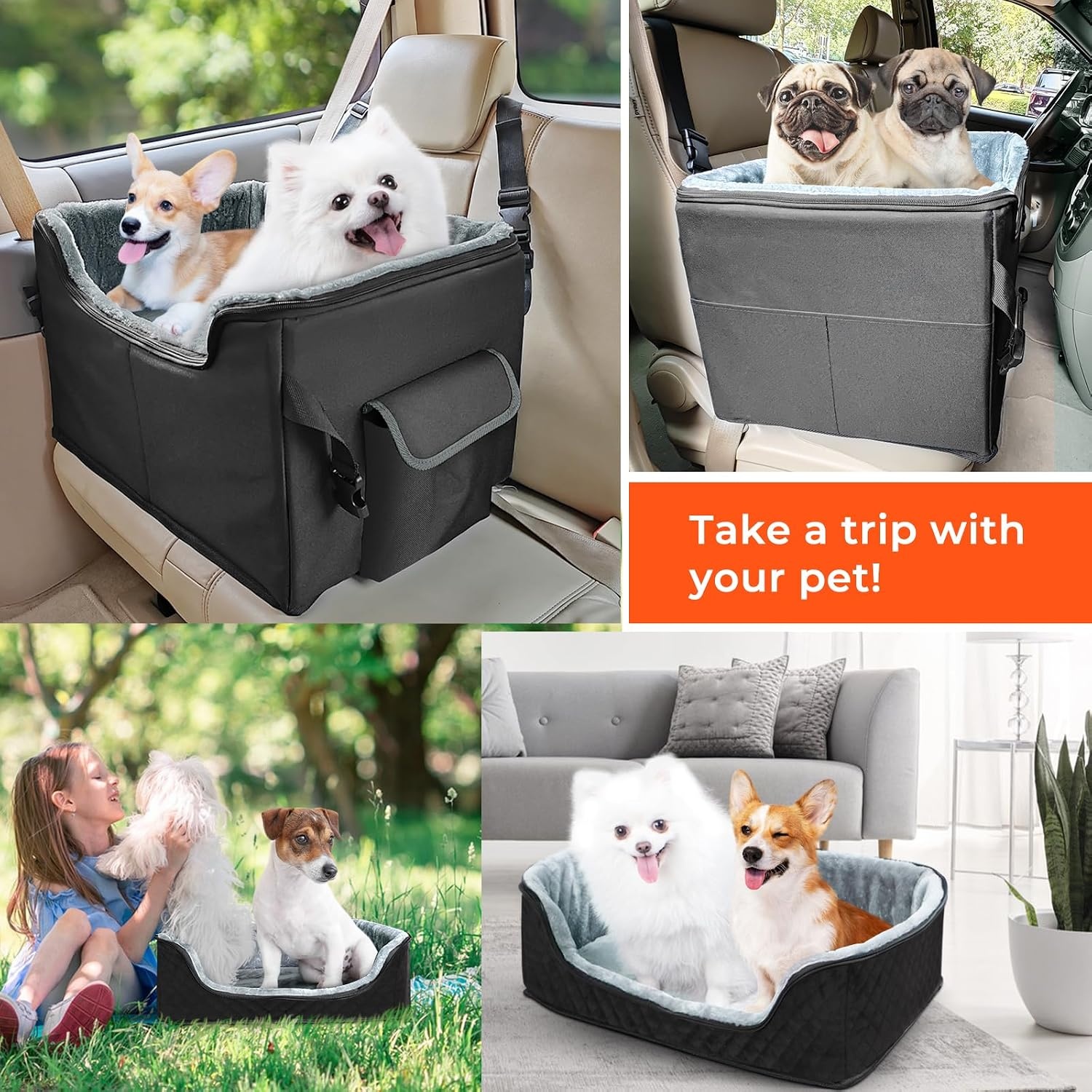 Babenest Autostoel voor honden, zeer stabiel, met veiligheidsgordel voor honden, opvouwbaar, wasbaar en grote capaciteit, voor voor- en achterbank (L)