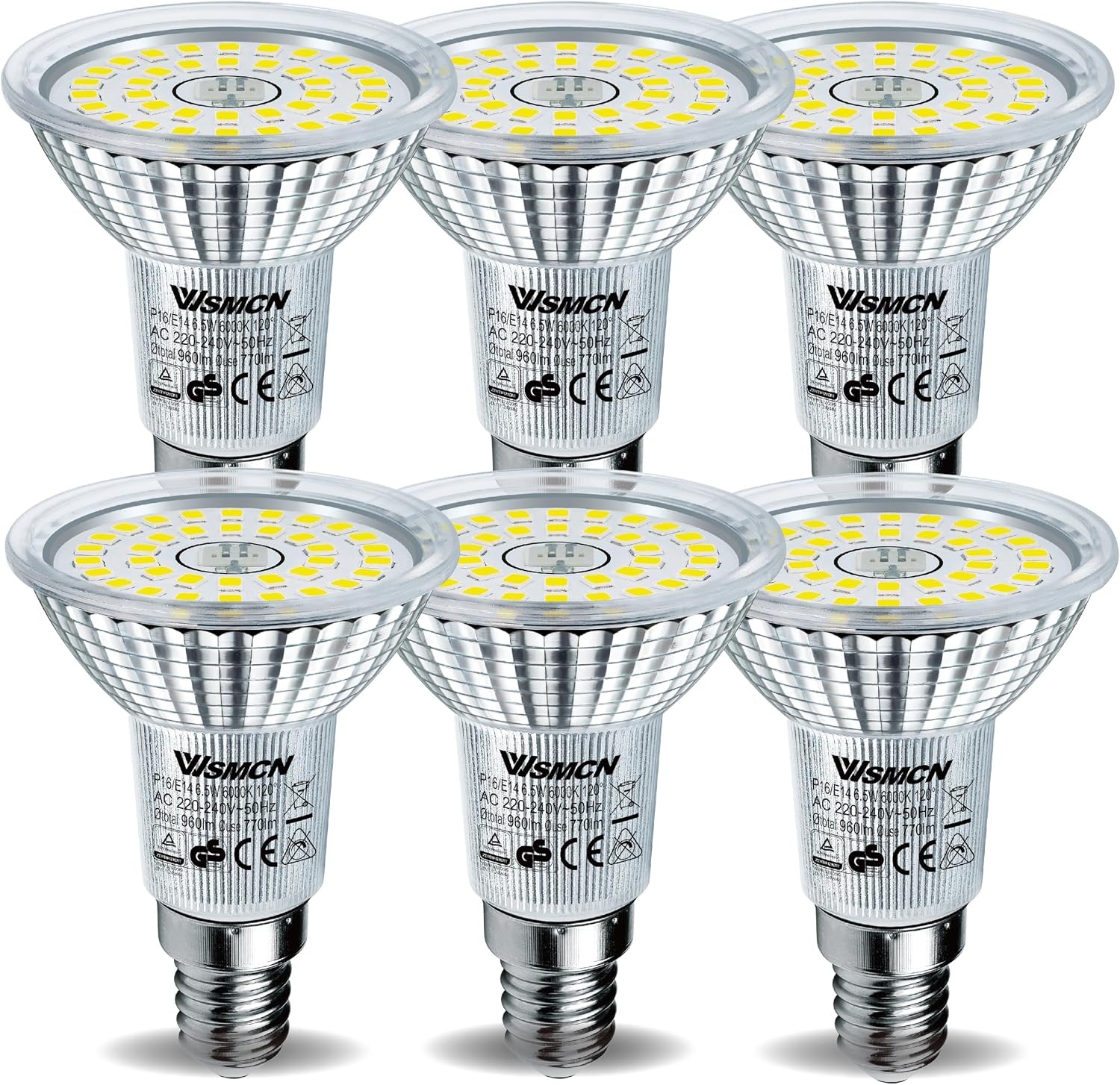 E14 R50 LED Lampen Koelwit Licht, 6,5W Vervangt 100W Halogeenlamp, 6000K 770 Lumen Reflectorlamp, AC 230V Flikkervrij Spotlicht, 120° Stralingshoek Spot, Niet Dimbar, 6 Stuks