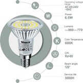 E14 R50 LED Lampen Koelwit Licht, 6,5W Vervangt 100W Halogeenlamp, 6000K 770 Lumen Reflectorlamp, AC 230V Flikkervrij Spotlicht, 120° Stralingshoek Spot, Niet Dimbar, 6 Stuks