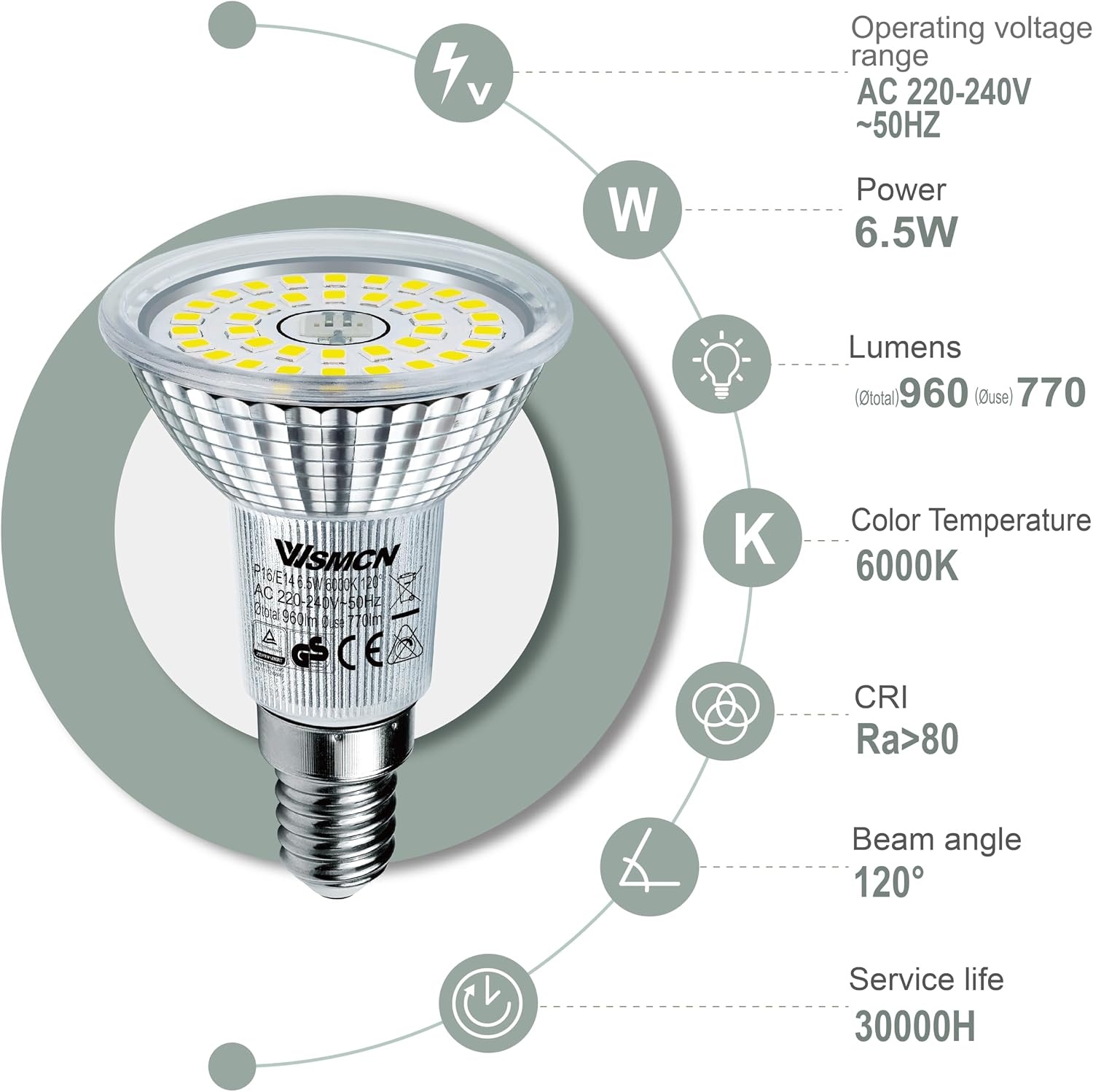 E14 R50 LED Lampen Koelwit Licht, 6,5W Vervangt 100W Halogeenlamp, 6000K 770 Lumen Reflectorlamp, AC 230V Flikkervrij Spotlicht, 120° Stralingshoek Spot, Niet Dimbar, 6 Stuks