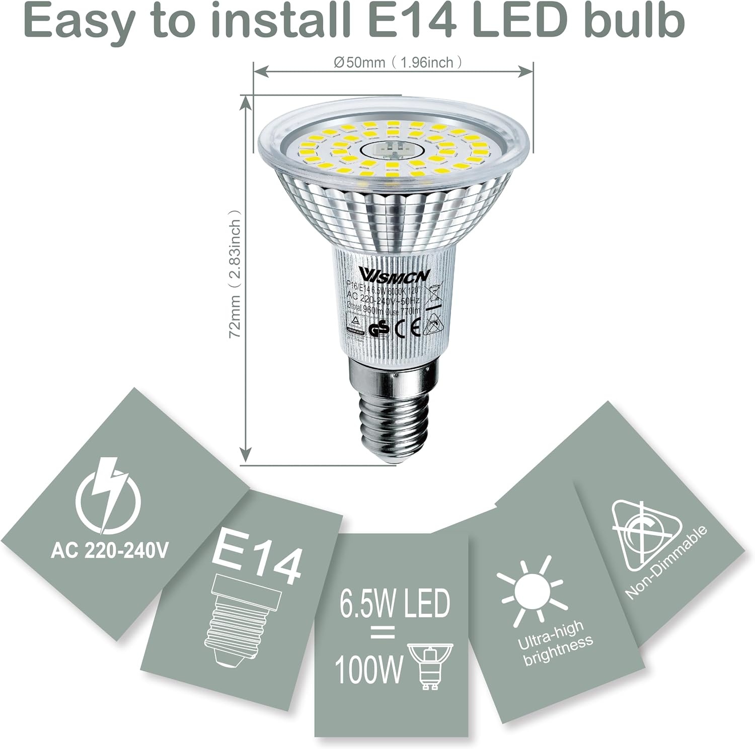 E14 R50 LED Lampen Koelwit Licht, 6,5W Vervangt 100W Halogeenlamp, 6000K 770 Lumen Reflectorlamp, AC 230V Flikkervrij Spotlicht, 120° Stralingshoek Spot, Niet Dimbar, 6 Stuks