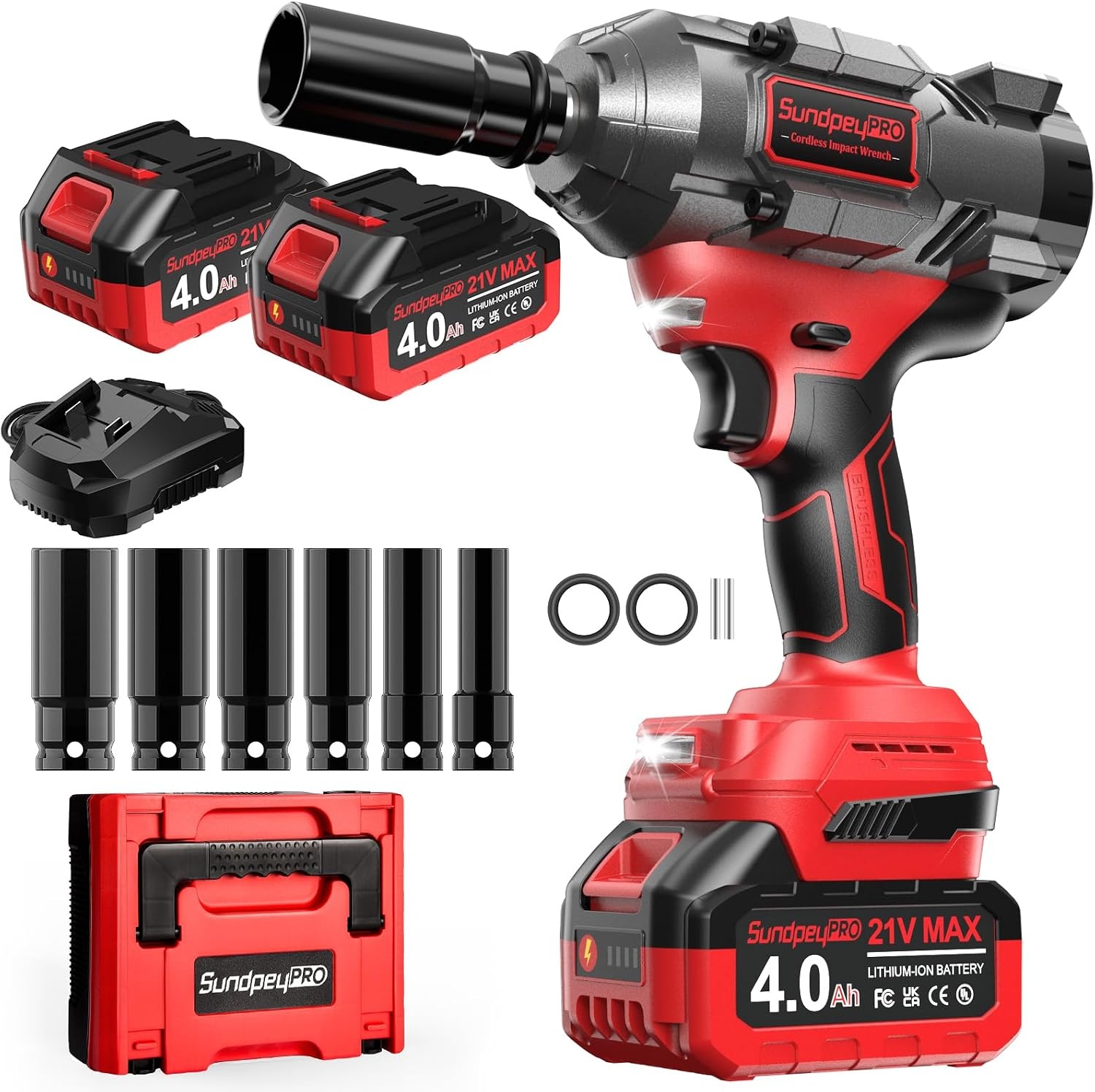 SundpeyPRO Accu Slagmoersleutel 1500Nm - Rood - Inclusief 2x 4.0Ah Accu, Lader en 6 Doppen