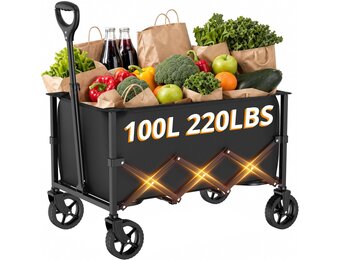 Opvouwbare Kar met Wielen, Opvouwbare Kar met Verstelbare Handgreep, 100L Grote Capaciteit, voor Winkelen, Kamperen, Tuin, Strand en Buitensporten (Zwart) - Maat 100L