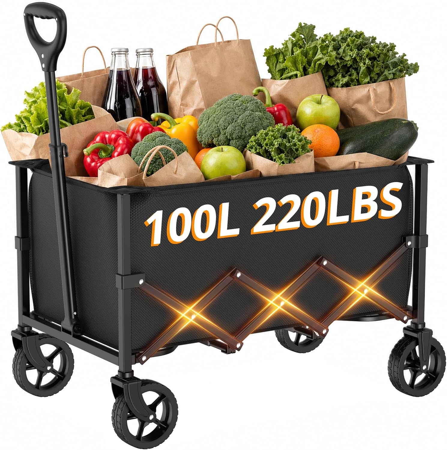 Opvouwbare Kar met Wielen, Opvouwbare Kar met Verstelbare Handgreep, 100L Grote Capaciteit, voor Winkelen, Kamperen, Tuin, Strand en Buitensporten (Zwart) - Maat 100L