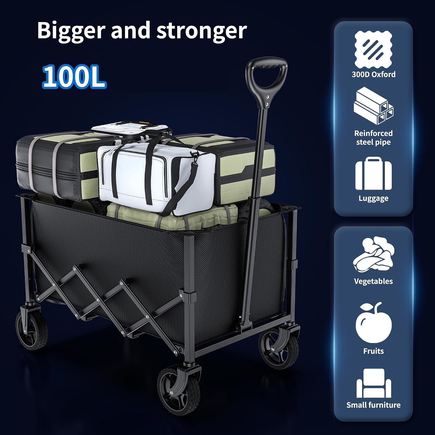 Opvouwbare Kar met Wielen, Opvouwbare Kar met Verstelbare Handgreep, 100L Grote Capaciteit, voor Winkelen, Kamperen, Tuin, Strand en Buitensporten (Zwart) - Maat 100L