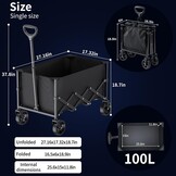 Opvouwbare Kar met Wielen, Opvouwbare Kar met Verstelbare Handgreep, 100L Grote Capaciteit, voor Winkelen, Kamperen, Tuin, Strand en Buitensporten (Zwart) - Maat 100L