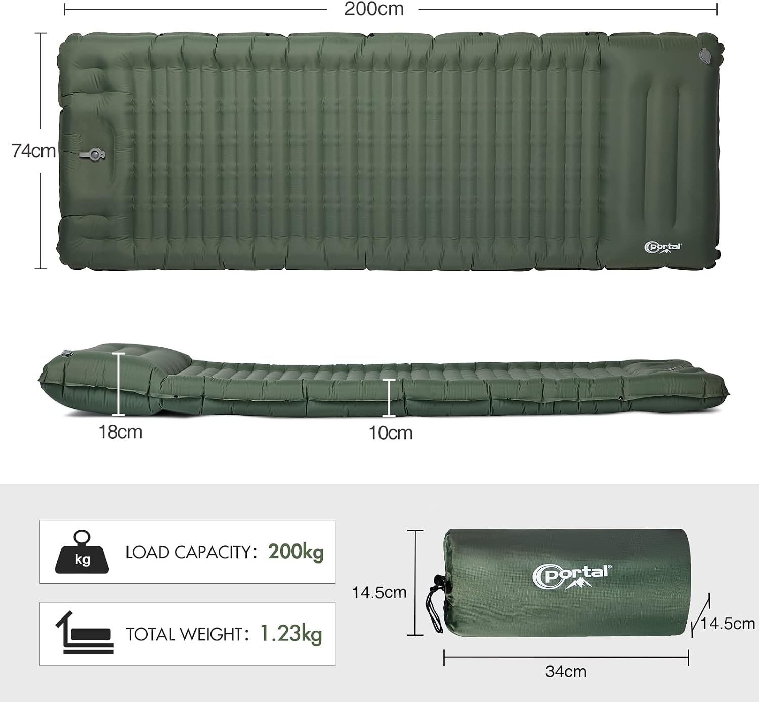 Portal Eenpersoons campingmatras, 10 cm dik met voetpomp, opblaasbaar camping slaapmatras, opblaasbaat tentmatras, kampeerluchtbed voor volwassenen, lichtgewicht draagbare buitenmatras, rugzak