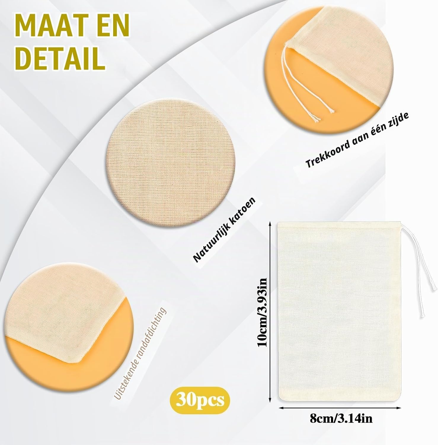 30 stuks zakjes, 8 x 10 cm, katoenen mousseline, herbruikbare netzakjes, theefouitzak, theezakjes voor snacks, specerijen, thee
