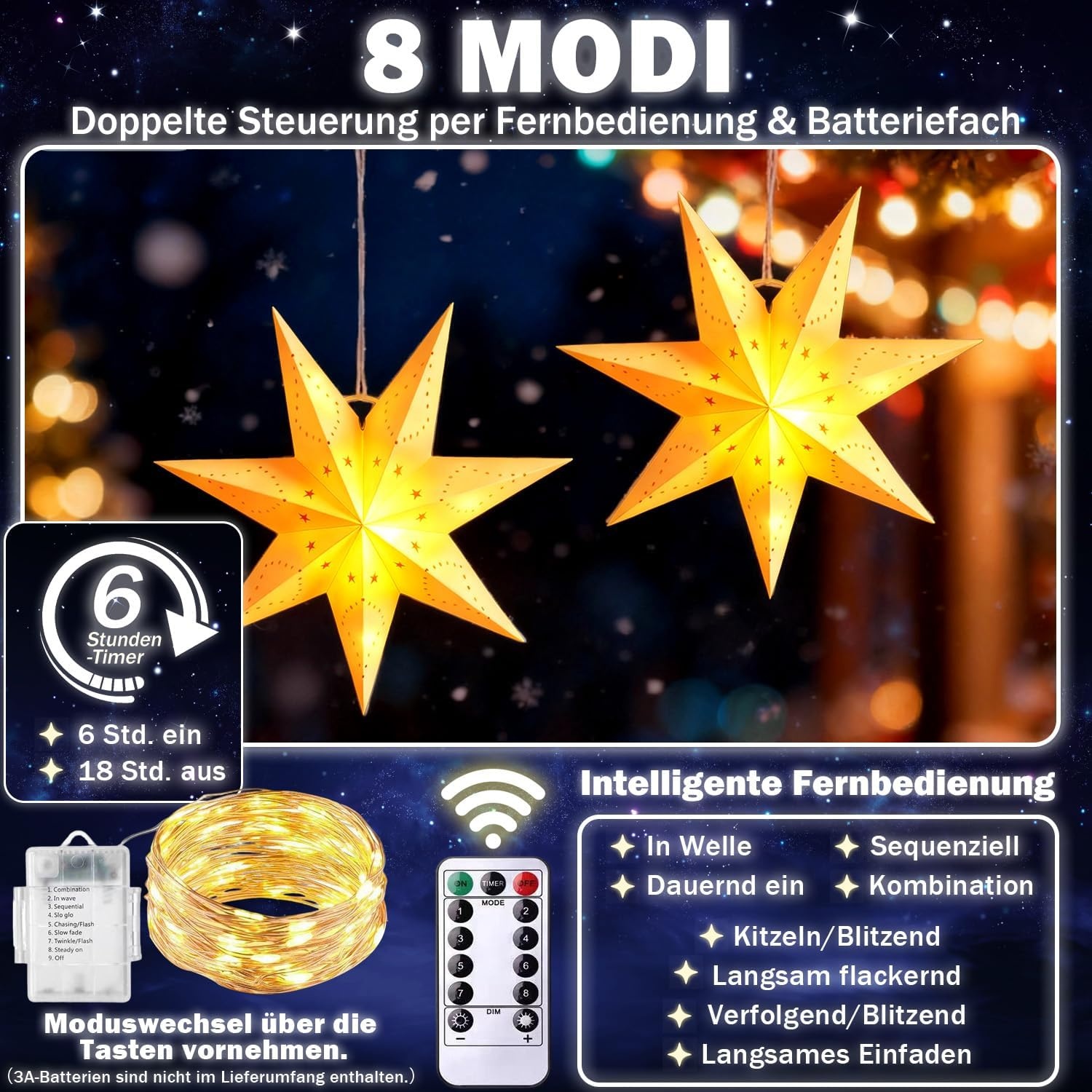 Kerstverlichting met ledsterren, 3 stuks lichtgevende sterren, kerstdecoratie, venster met 45 leds, werkt op batterijen, kerstverlichting voor feestjes, kerstdecoratie, kerstster, verlicht