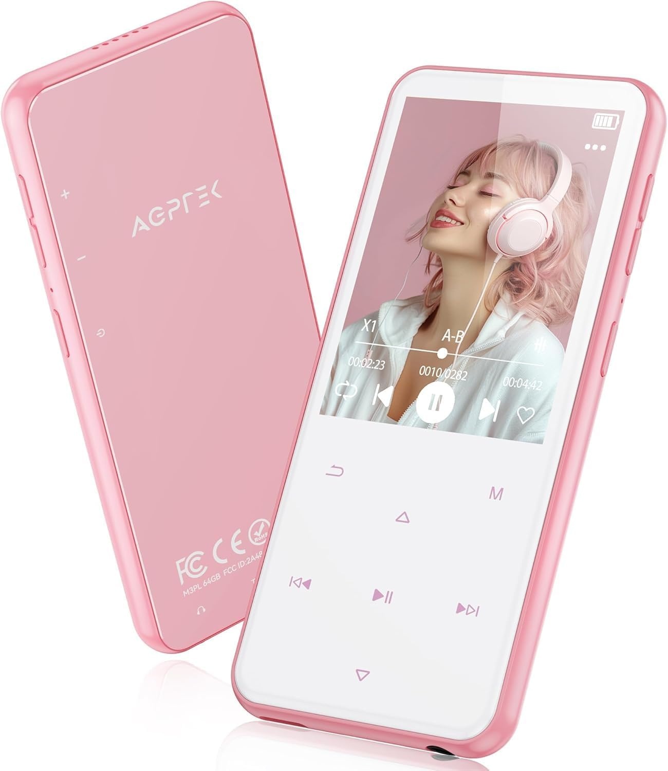 AGPTEK 64GB Bluetooth MP3-speler met luidspreker, 2,4'' groot scherm metalen MP3-speler HiFi-geluidskwaliteit MP4 Audio Touch Button Sport FM-radio Stappenteller Recorder muziekrecorder-Roze