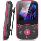 AGPTEK MP3-speler Bluetooth 5.3 Sport 64 GB met 1,5 inch TFT-kleurenbeeldscherm, mini-muziekspeler met clip, ondersteunt tot 128 GB SD-kaart, magenta