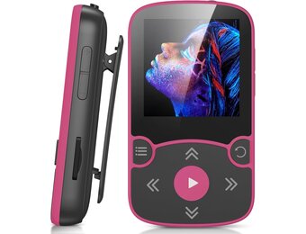AGPTEK MP3-speler Bluetooth 5.3 Sport 64 GB met 1,5 inch TFT-kleurenbeeldscherm, mini-muziekspeler met clip, ondersteunt tot 128 GB SD-kaart, magenta