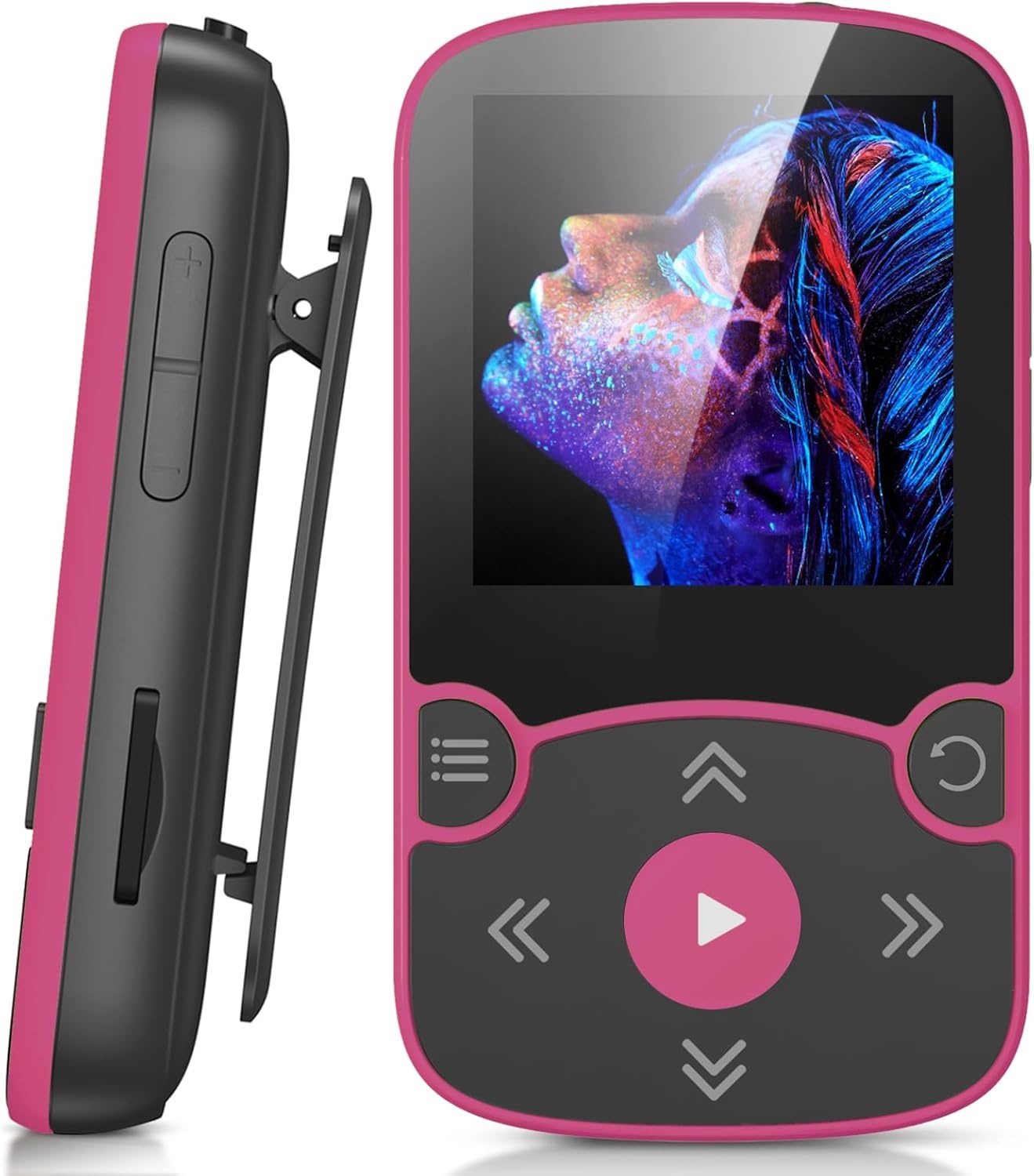 AGPTEK MP3-speler Bluetooth 5.3 Sport 64 GB met 1,5 inch TFT-kleurenbeeldscherm, mini-muziekspeler met clip, ondersteunt tot 128 GB SD-kaart, magenta