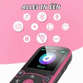 AGPTEK MP3-speler Bluetooth 5.3 Sport 64 GB met 1,5 inch TFT-kleurenbeeldscherm, mini-muziekspeler met clip, ondersteunt tot 128 GB SD-kaart, magenta