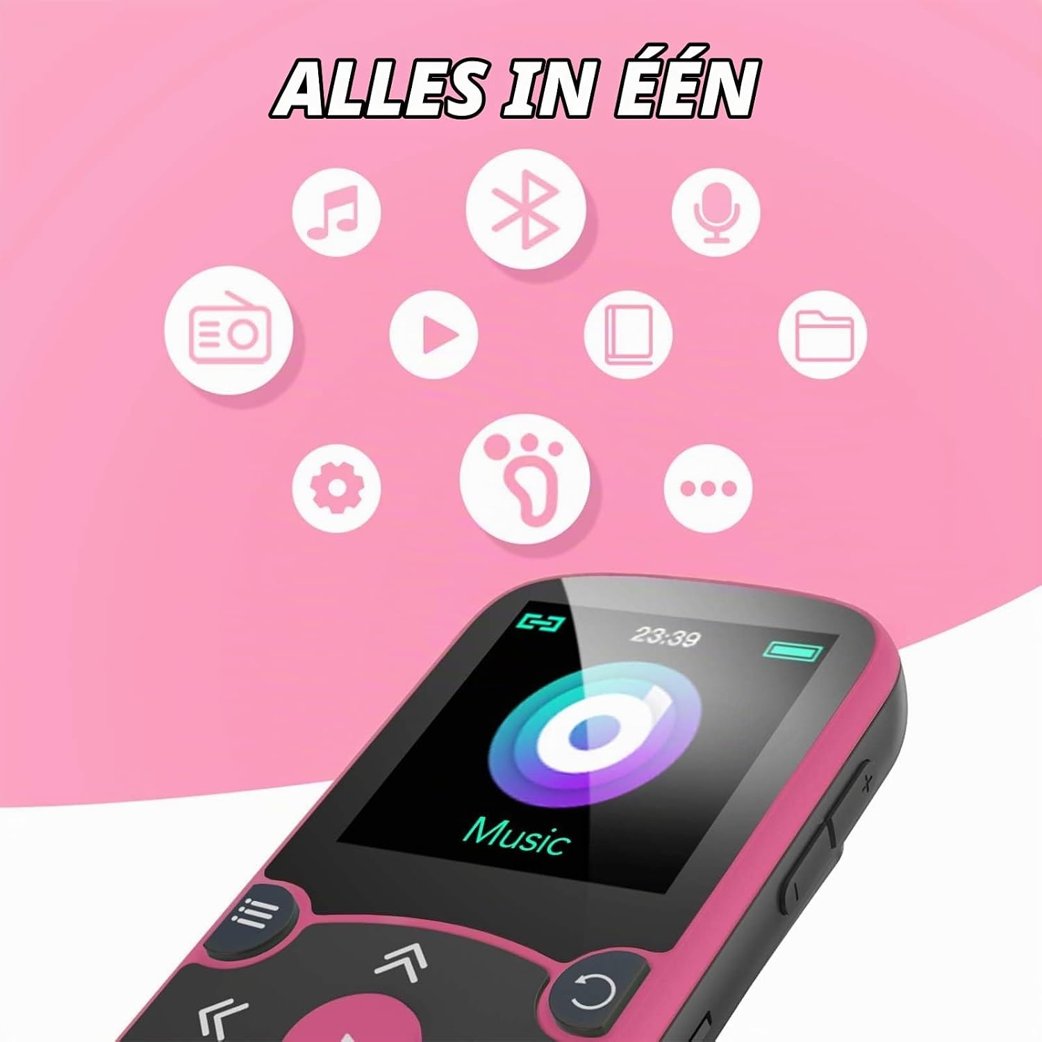 AGPTEK MP3-speler Bluetooth 5.3 Sport 64 GB met 1,5 inch TFT-kleurenbeeldscherm, mini-muziekspeler met clip, ondersteunt tot 128 GB SD-kaart, magenta