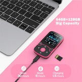 AGPTEK MP3-speler Bluetooth 5.3 Sport 64 GB met 1,5 inch TFT-kleurenbeeldscherm, mini-muziekspeler met clip, ondersteunt tot 128 GB SD-kaart, magenta