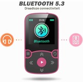 AGPTEK MP3-speler Bluetooth 5.3 Sport 64 GB met 1,5 inch TFT-kleurenbeeldscherm, mini-muziekspeler met clip, ondersteunt tot 128 GB SD-kaart, magenta