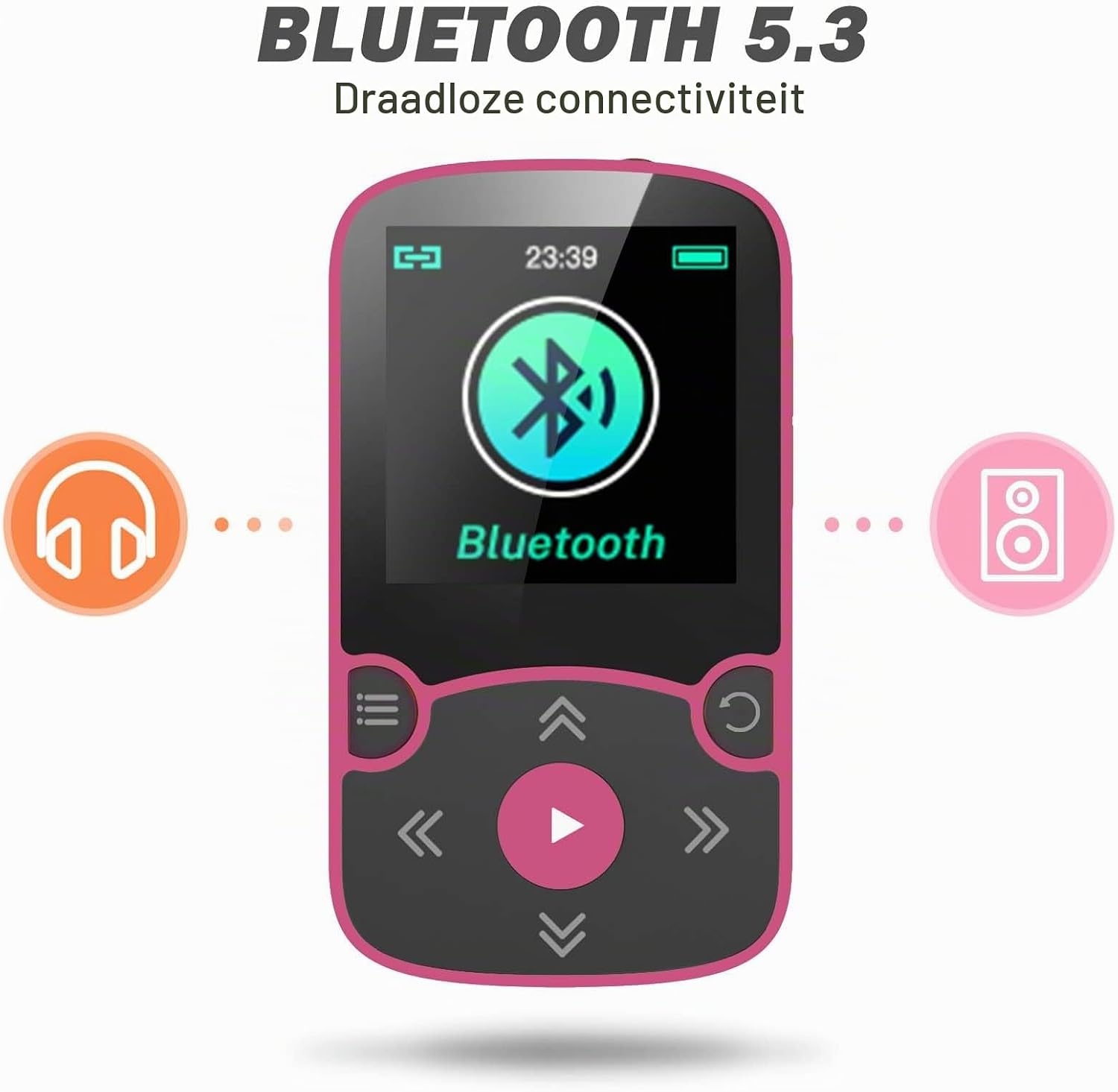 AGPTEK MP3-speler Bluetooth 5.3 Sport 64 GB met 1,5 inch TFT-kleurenbeeldscherm, mini-muziekspeler met clip, ondersteunt tot 128 GB SD-kaart, magenta