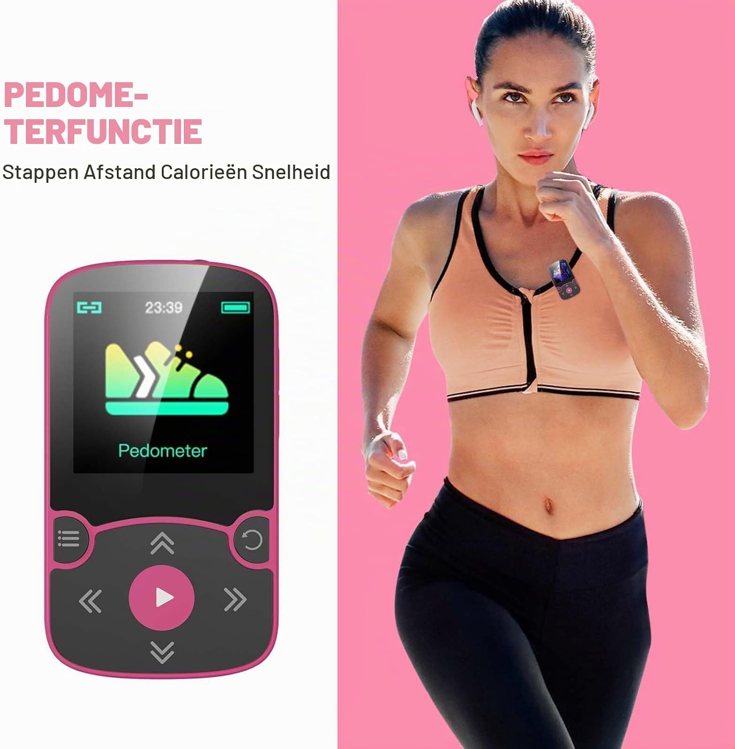 AGPTEK MP3-speler Bluetooth 5.3 Sport 64 GB met 1,5 inch TFT-kleurenbeeldscherm, mini-muziekspeler met clip, ondersteunt tot 128 GB SD-kaart, magenta
