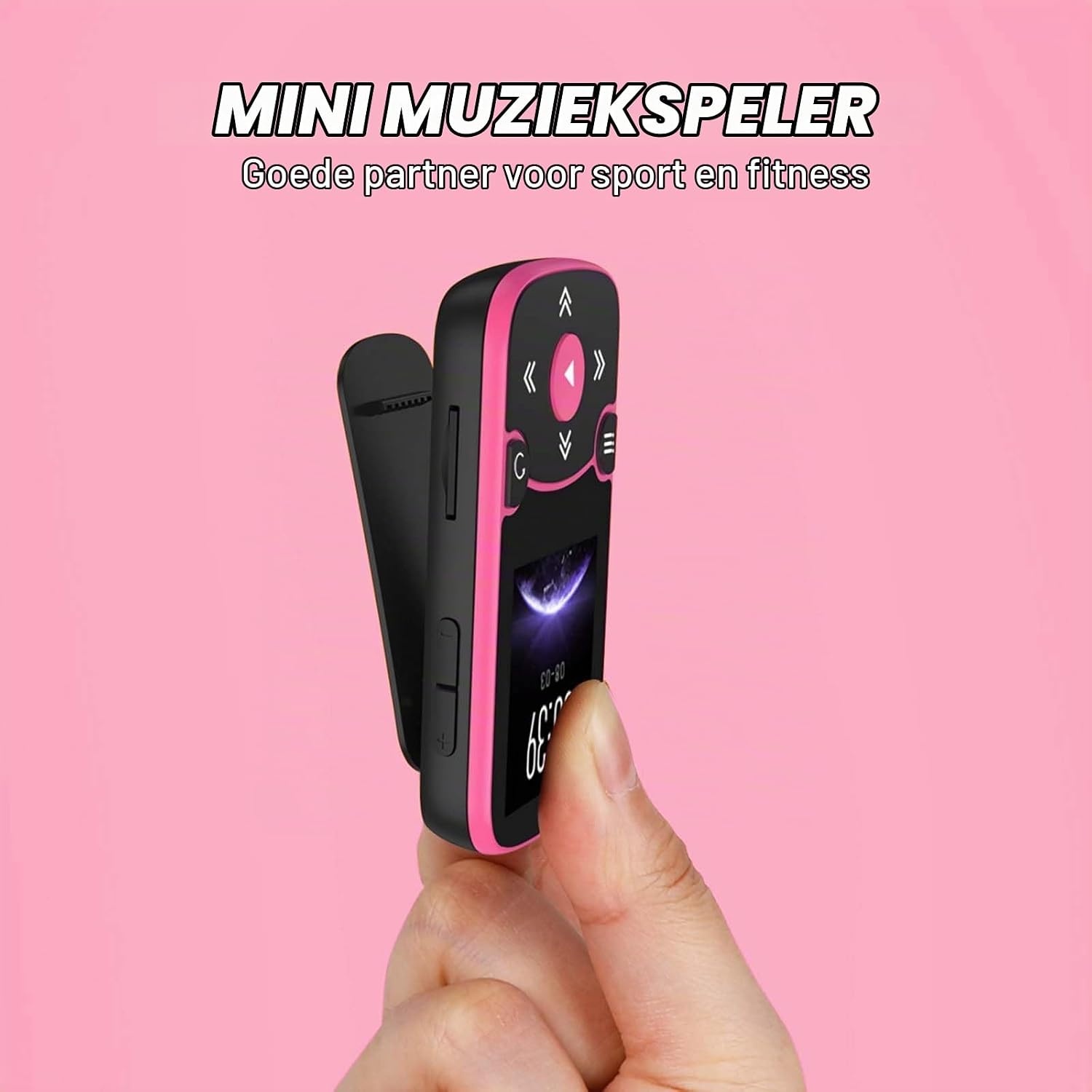 AGPTEK MP3-speler Bluetooth 5.3 Sport 64 GB met 1,5 inch TFT-kleurenbeeldscherm, mini-muziekspeler met clip, ondersteunt tot 128 GB SD-kaart, magenta