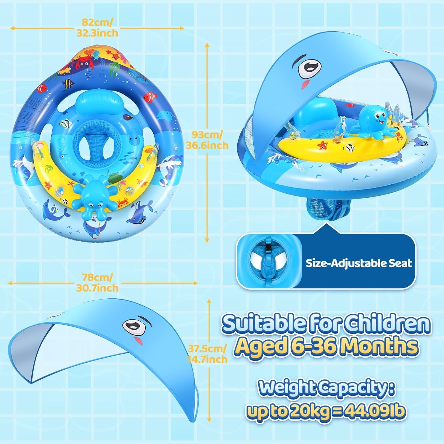 ZOOI Baby Zwemband met Zonnekap en Zitje - Blauw - 6 tot 36 Maanden
