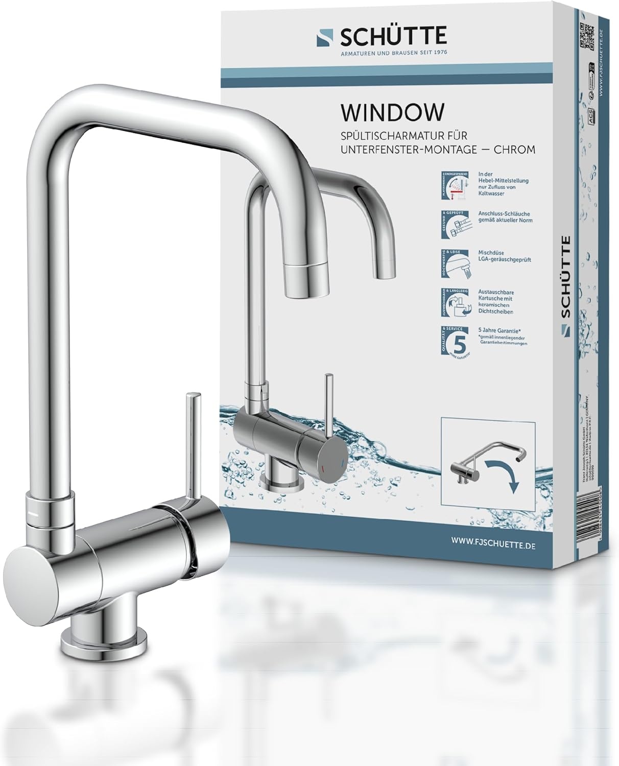 SCHÜTTE 24550 Keukenkraan WINDOW, waterkraan onder raam, gootsteenkraan voor raam, waterkraan 360° zwenkbaar Eéngreeps raammengkraan, chroom