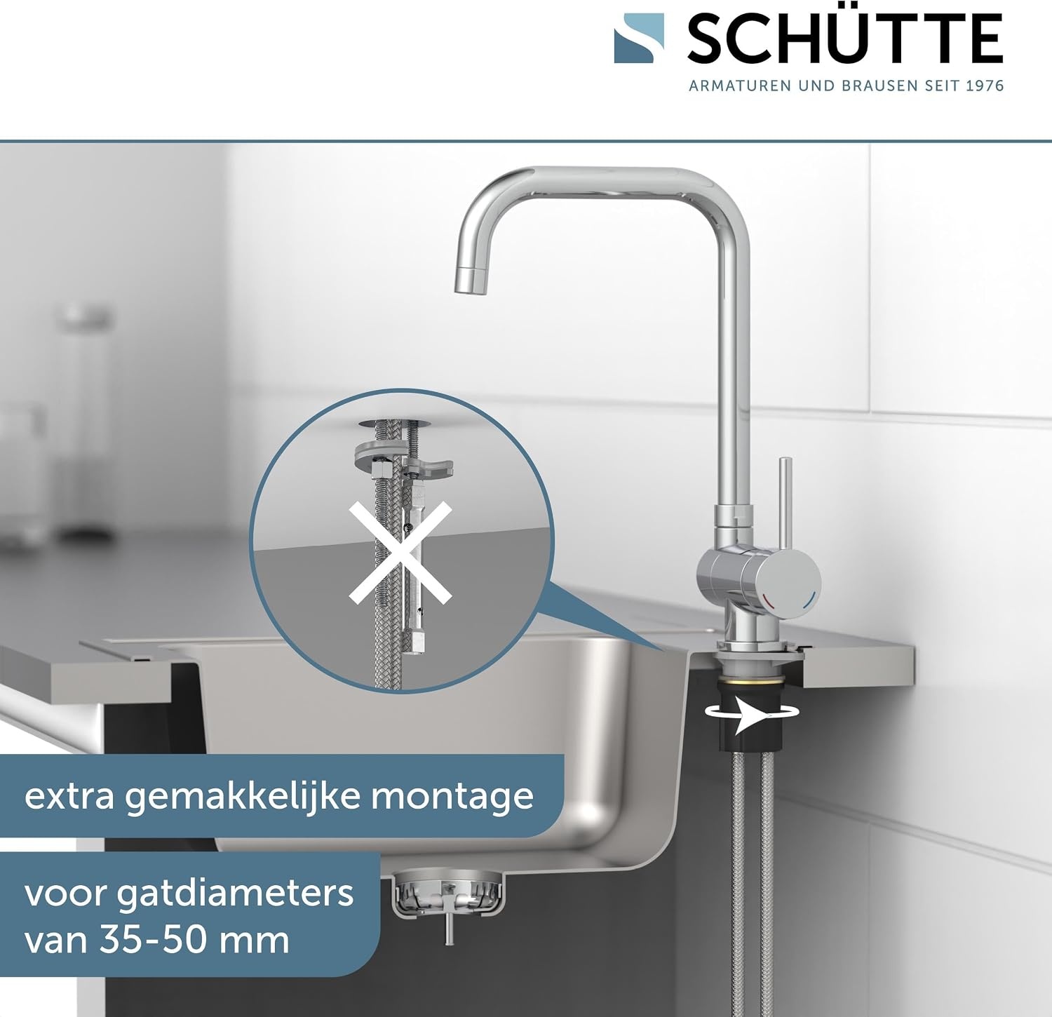 SCHÜTTE 24550 Keukenkraan WINDOW, waterkraan onder raam, gootsteenkraan voor raam, waterkraan 360° zwenkbaar Eéngreeps raammengkraan, chroom