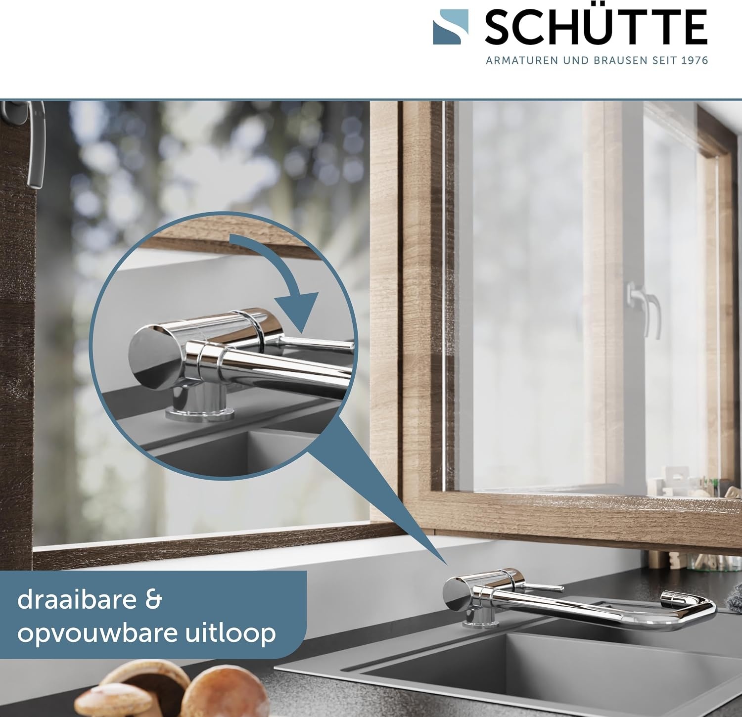 SCHÜTTE 24550 Keukenkraan WINDOW, waterkraan onder raam, gootsteenkraan voor raam, waterkraan 360° zwenkbaar Eéngreeps raammengkraan, chroom