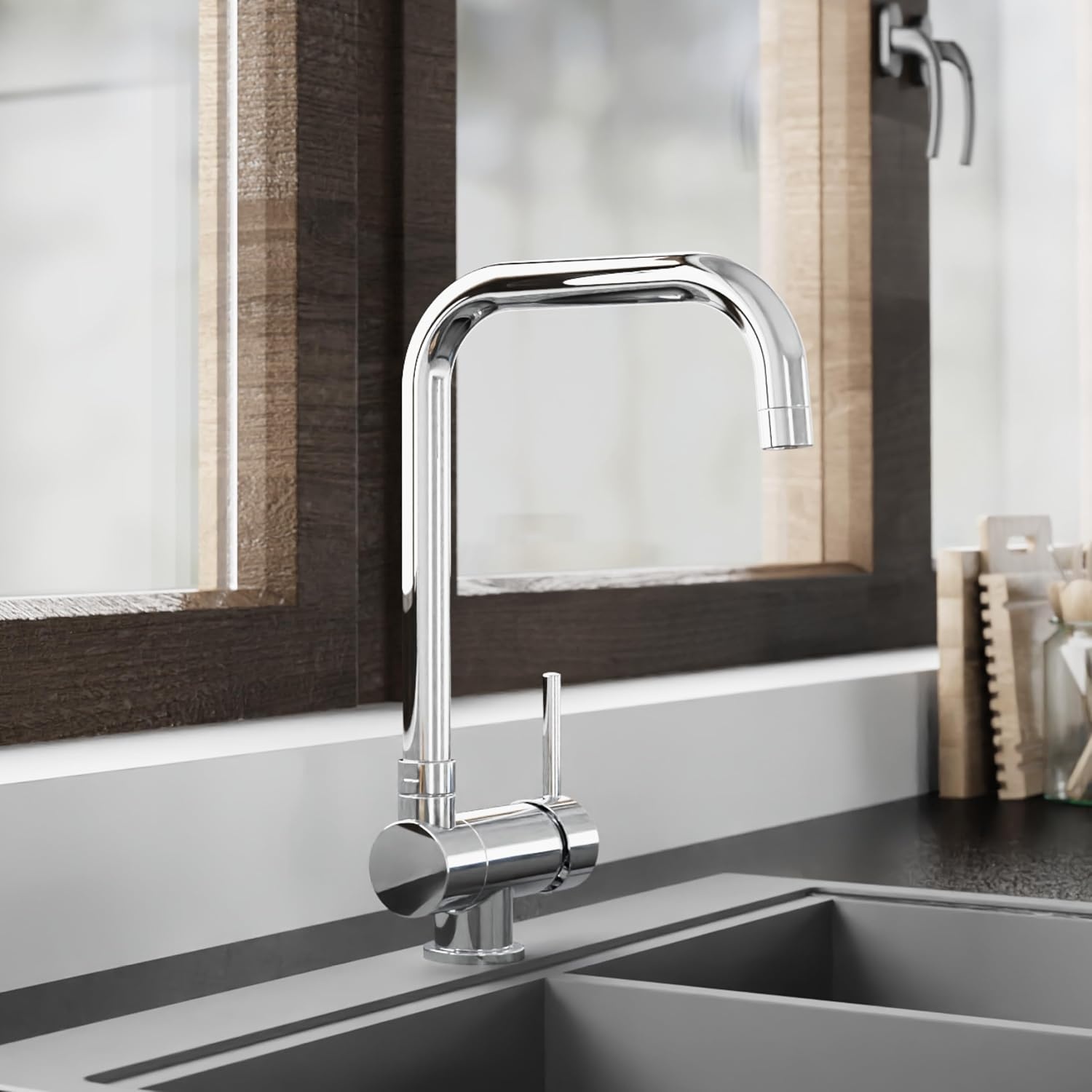 SCHÜTTE 24550 Keukenkraan WINDOW, waterkraan onder raam, gootsteenkraan voor raam, waterkraan 360° zwenkbaar Eéngreeps raammengkraan, chroom