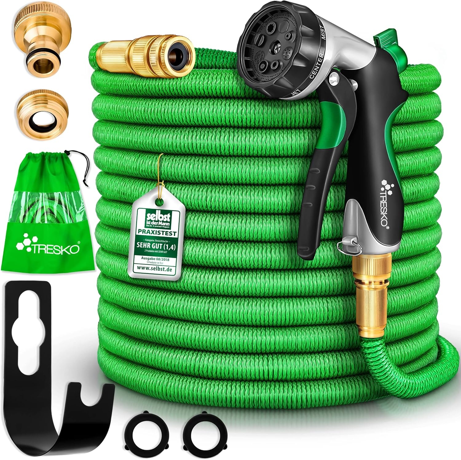 TRESKO® flexibele tuinslang | uitgezet 30 m | waterslang flexibel met 3-voudige latexkern | elastische flexiSchlauch | alle koppelingen van hoogwaardige messing