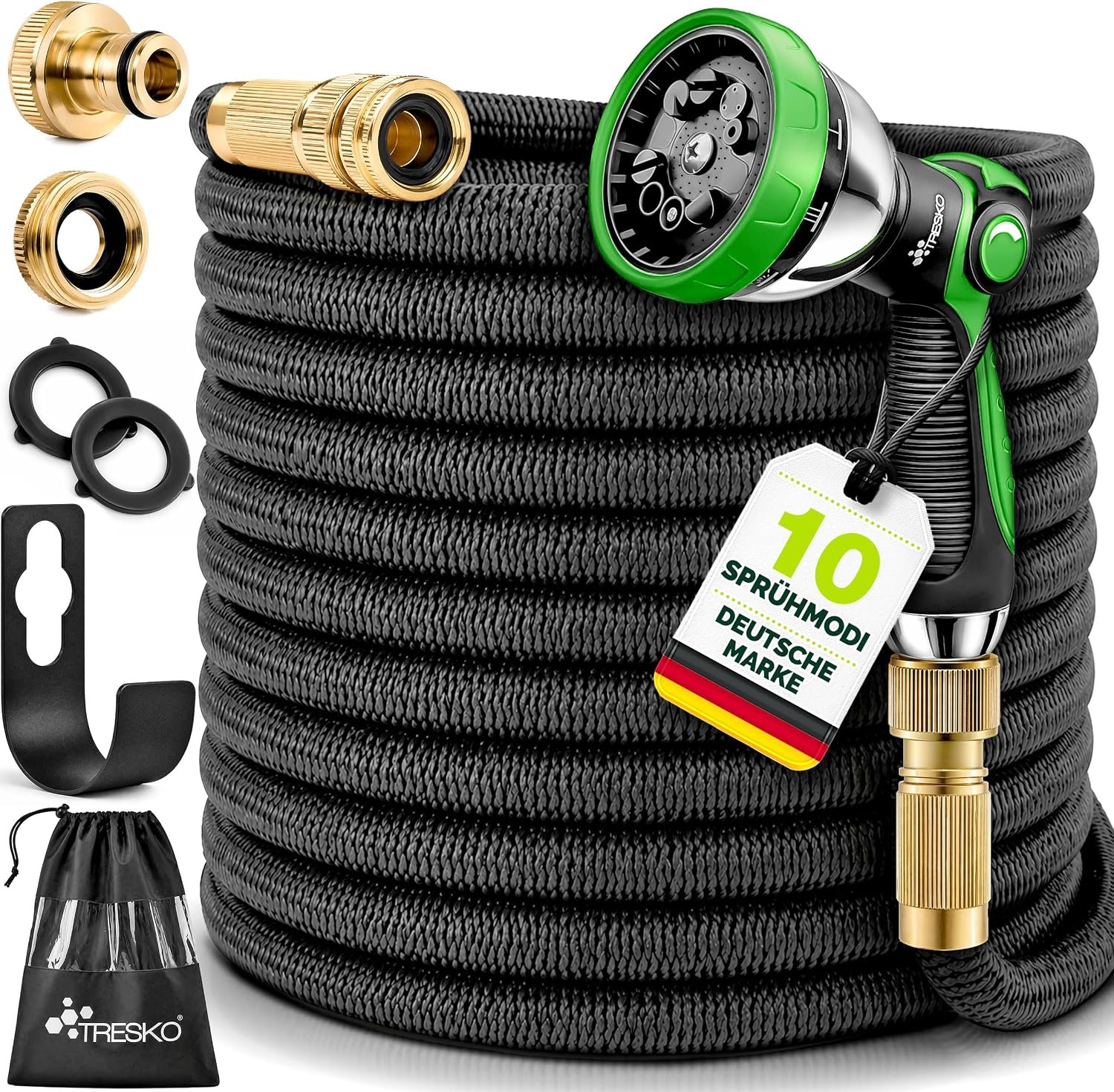 TRESKO® flexibele tuinslang | uitgezet 30 m | waterslang flexibel met 3-voudige latexkern | elastische flexiSchlauch | alle koppelingen van hoogwaardige messing