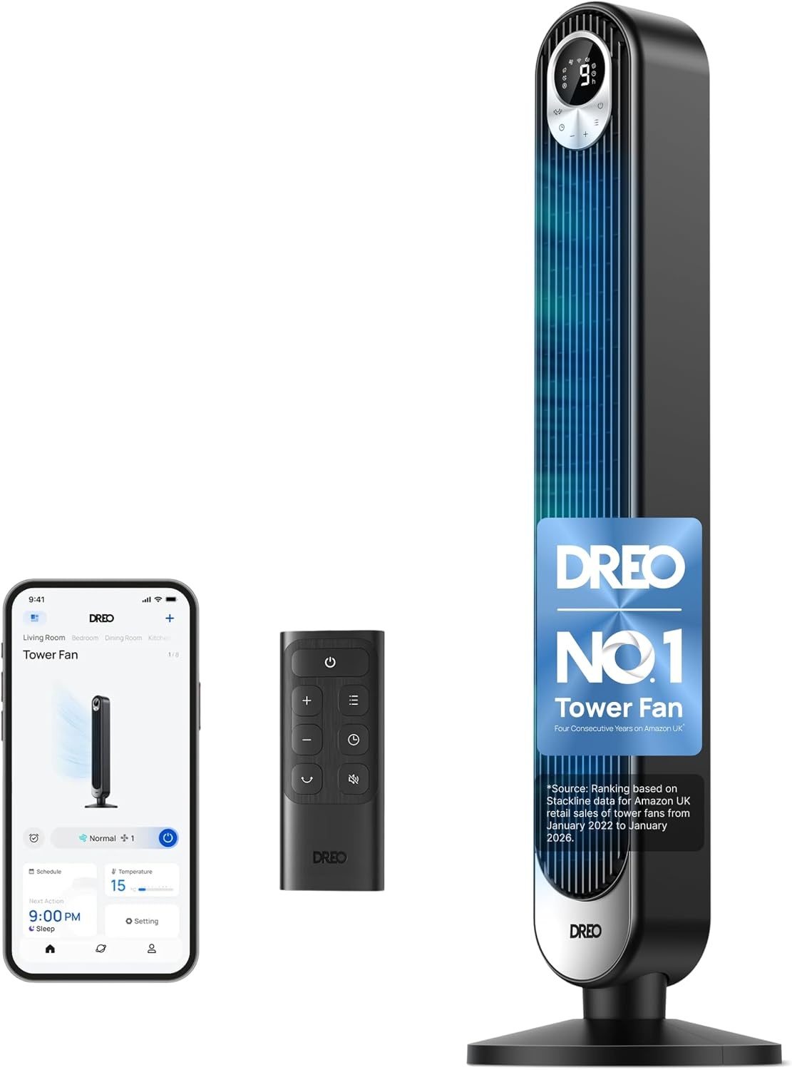 DREO 42 Inch Torenventilator Zwart - 9 Snelheden - 12 Uur Timer - Stille Koeling