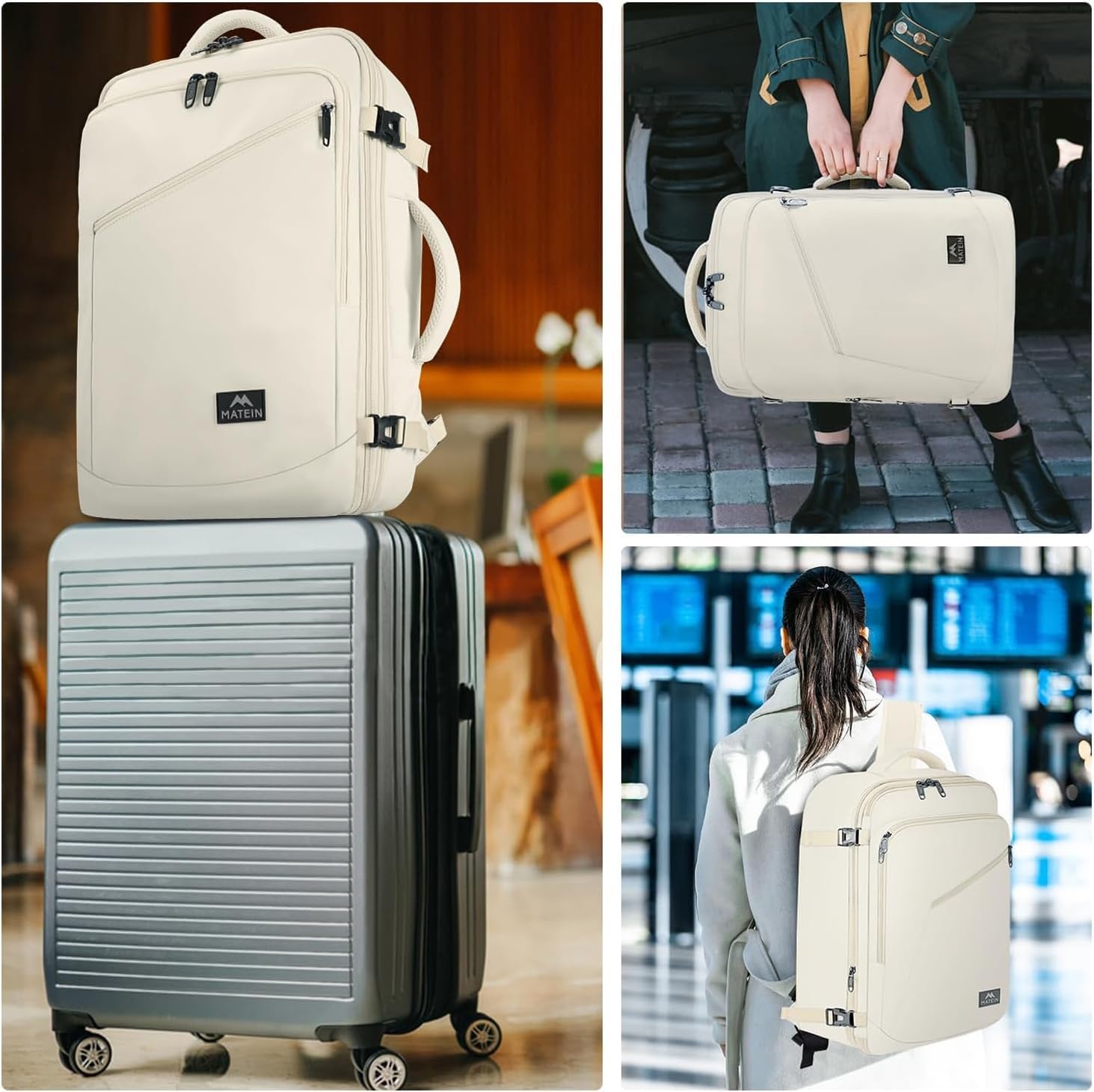 Beige Reisrugzak Vliegtuig handbagage 40x30x20cm Uitbreidbaar tot 20L