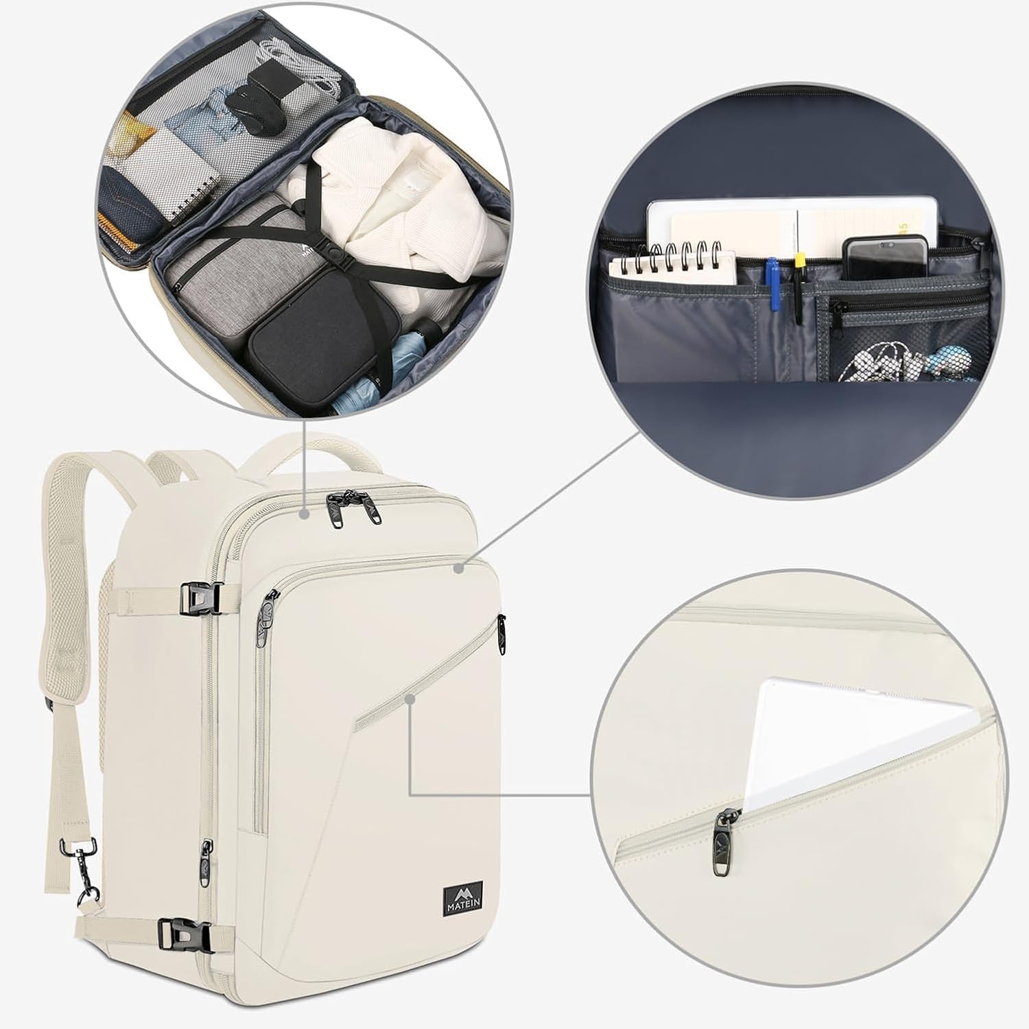 Beige Reisrugzak Vliegtuig handbagage 40x30x20cm Uitbreidbaar tot 20L
