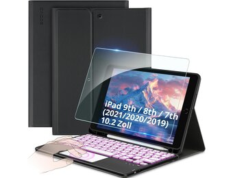 CACOE Case Toetsenbord Compatibel met iPad 9e Generatie, iPad 10.2 met Touchpad, 7-Kleuren Achtergrondverlichting Afneembaar Draadloos Toetsenbord, Zwart