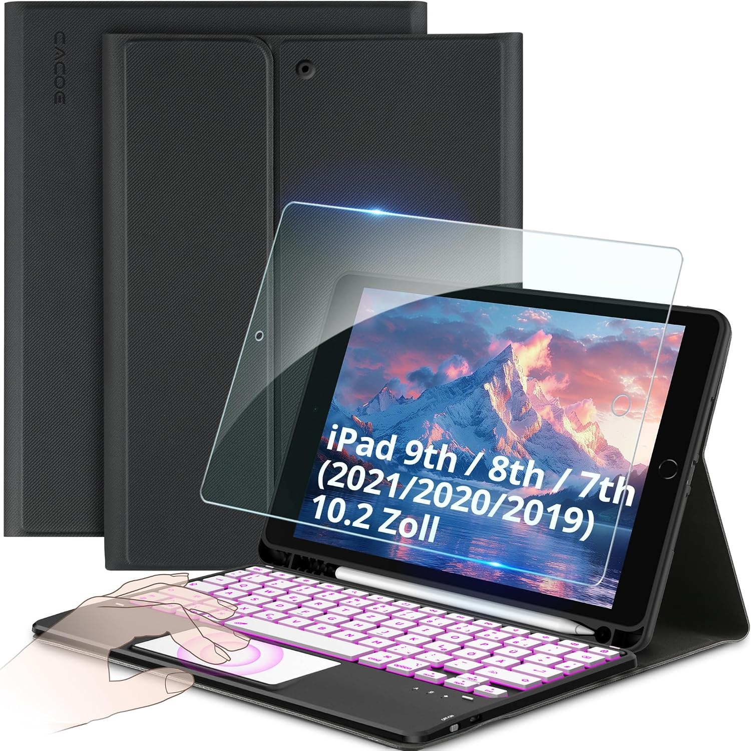 CACOE Case Toetsenbord Compatibel met iPad 9e Generatie, iPad 10.2 met Touchpad, 7-Kleuren Achtergrondverlichting Afneembaar Draadloos Toetsenbord, Zwart