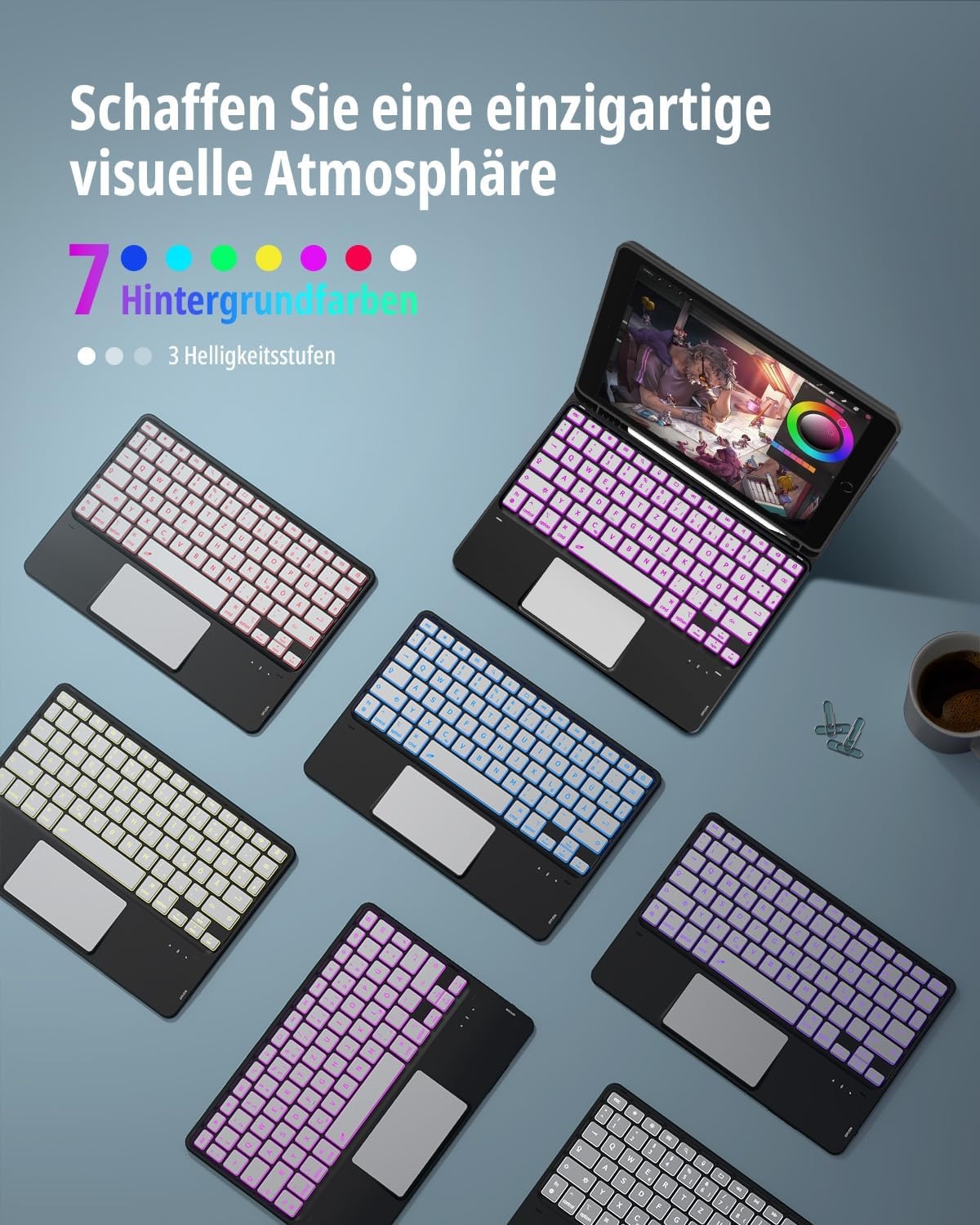 CACOE Case Toetsenbord Compatibel met iPad 9e Generatie, iPad 10.2 met Touchpad, 7-Kleuren Achtergrondverlichting Afneembaar Draadloos Toetsenbord, Zwart