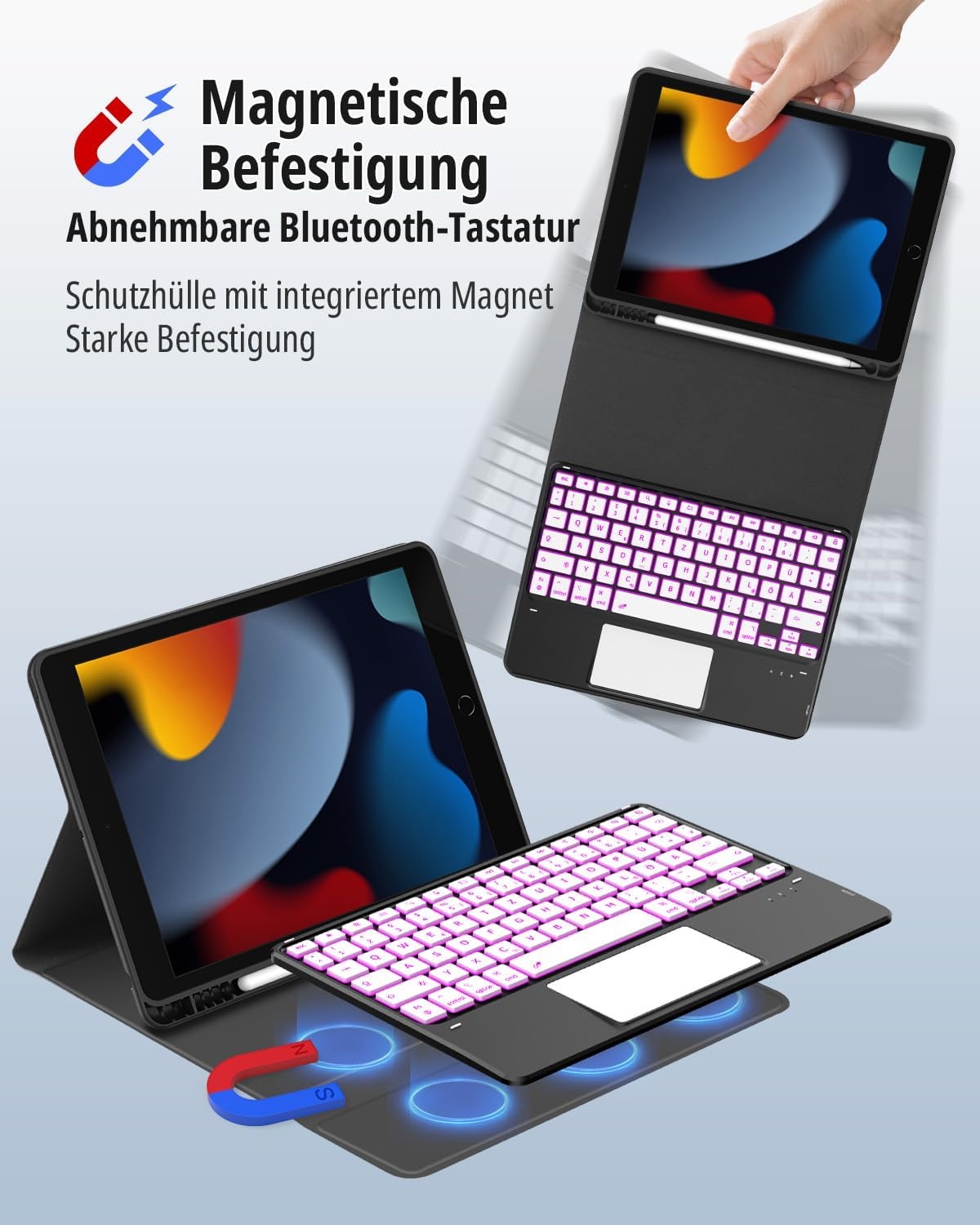 CACOE Case Toetsenbord Compatibel met iPad 9e Generatie, iPad 10.2 met Touchpad, 7-Kleuren Achtergrondverlichting Afneembaar Draadloos Toetsenbord, Zwart