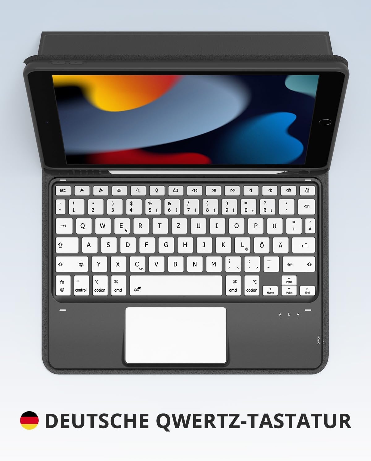 CACOE Case Toetsenbord Compatibel met iPad 9e Generatie, iPad 10.2 met Touchpad, 7-Kleuren Achtergrondverlichting Afneembaar Draadloos Toetsenbord, Zwart