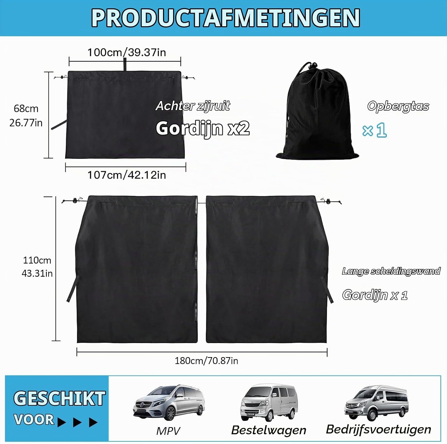 ZATOOTO Scheidingsgordijnen auto set van 3, inkijkbescherming, achterruitgordijn, autogordijnen, campergordijn voor reizen, kamperen, dutje, slapen, groot 180 x 110 cm - Maat 180 x 110 cm